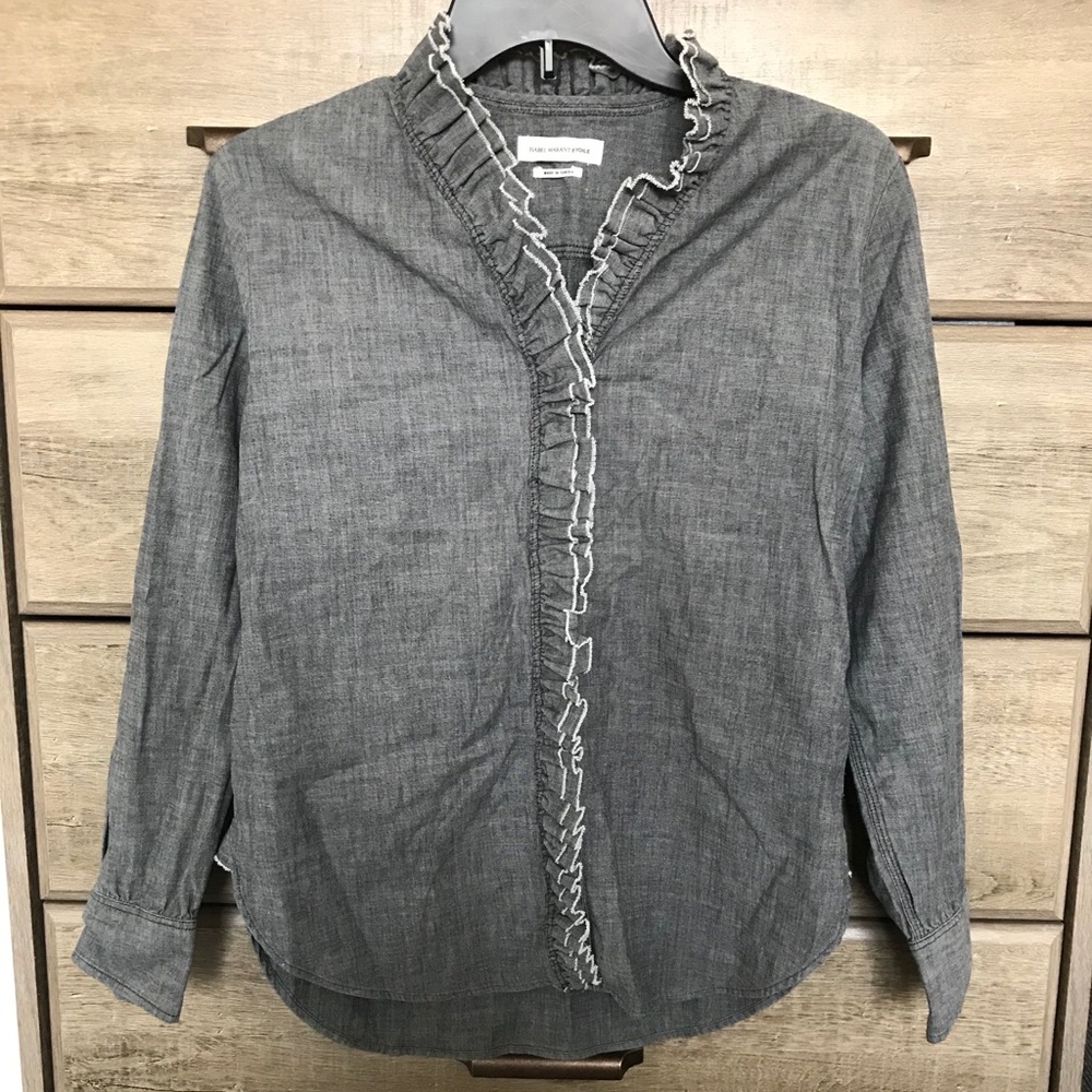 Isabel Marant Grey denim button down shirt with ruffle detail